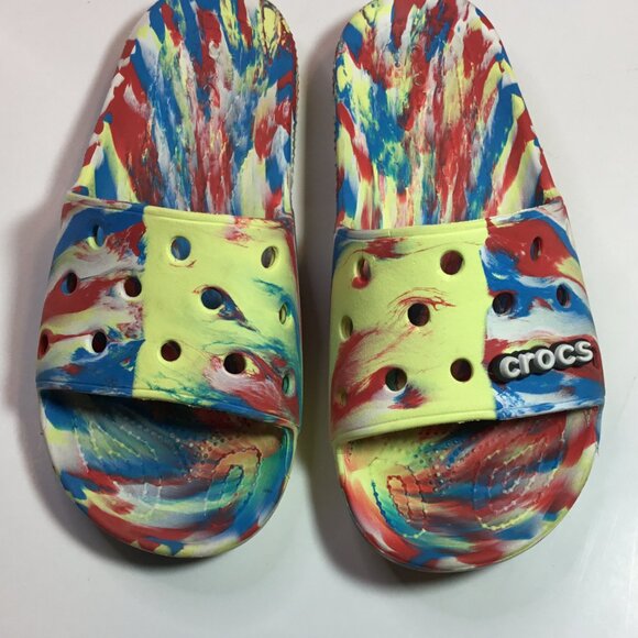 Crocs Iconic Comfort Classic Red/Yellow Marbled Slide Sandals Women's Size 8 - Picture 5 of 11